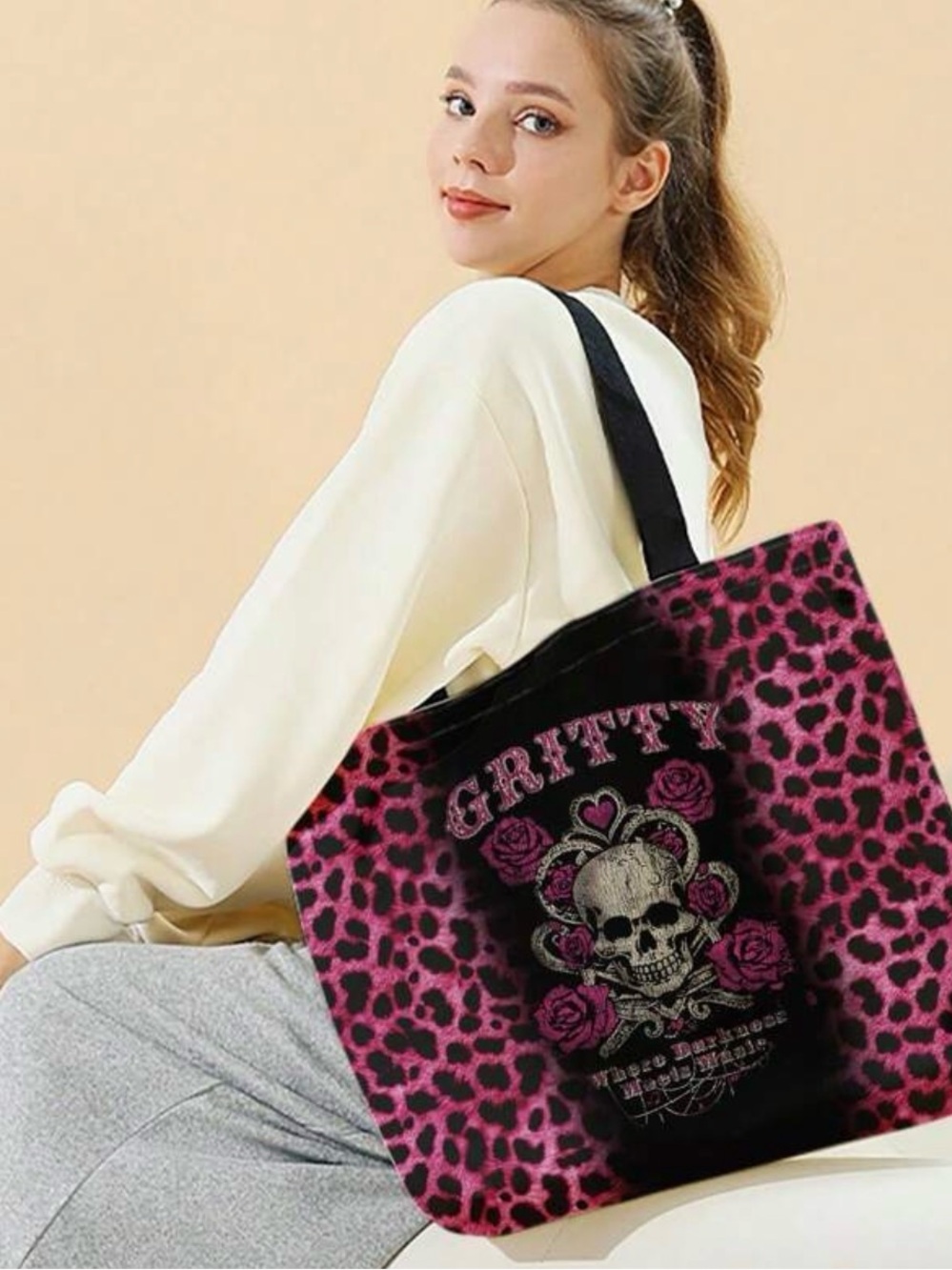 Pink Leopard Print Tote Bag with Skull & Roses